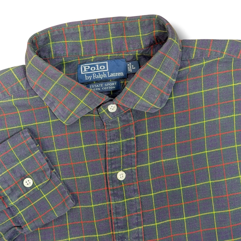 Vintage Polo Ralph Lauren Button Down Men L Navy Tartan Plaid Estate Sport Pony
